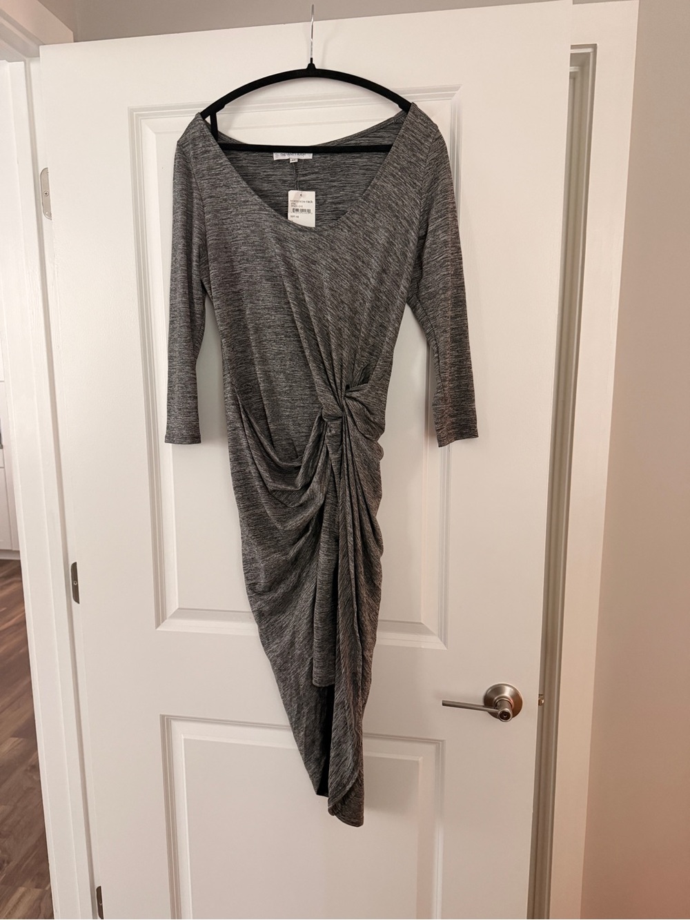 The Vanity Room Asymmetrical Gray Twist-Knot V-Neck Dress